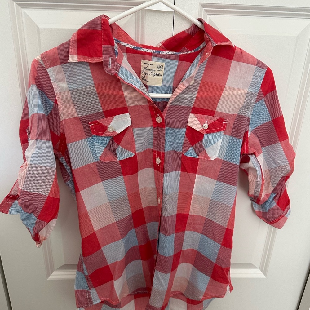 Y2K Vintage American Eagle Outfitters Red and Light Blue Plaid Shirt